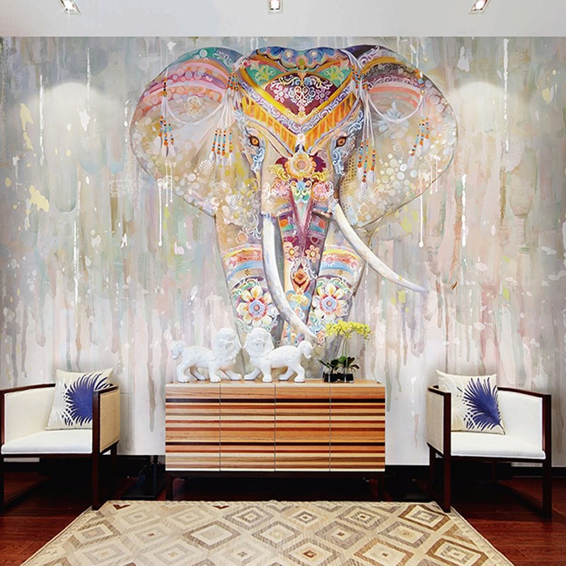 东南亚壁画3d立体个性创t意墙纸简约现代大象背景墙壁纸客厅墙布