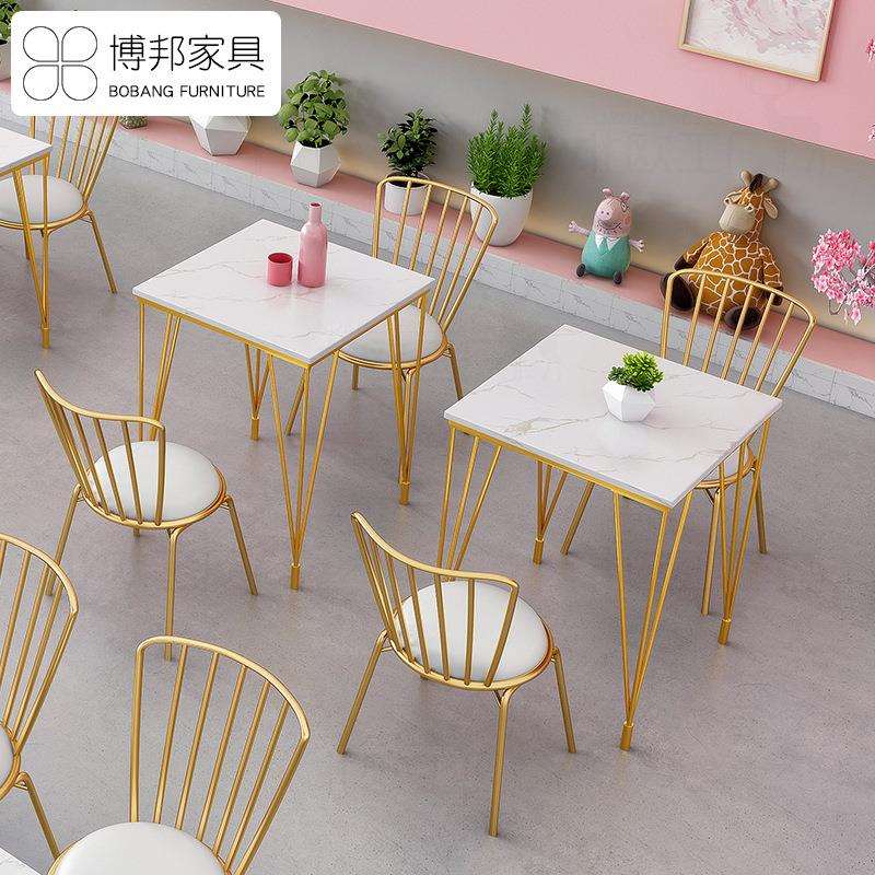 北欧网红餐厅桌椅 奶茶店休闲桌子 白色大理石方形餐桌餐饮店桌椅