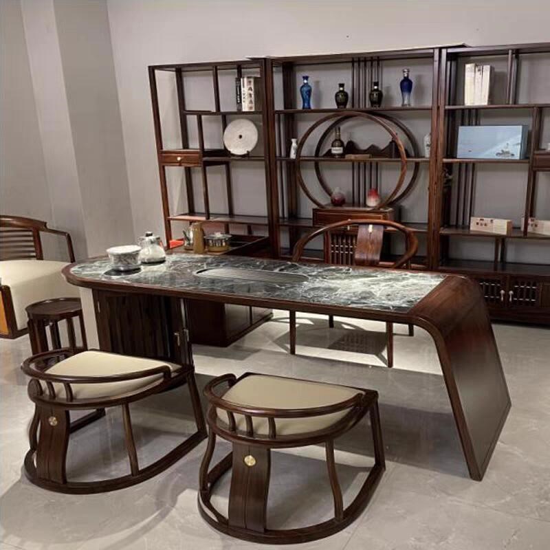 新中式岩板茶桌2025新款高端北美黑胡I桃木茶室家用客厅实木泡茶
