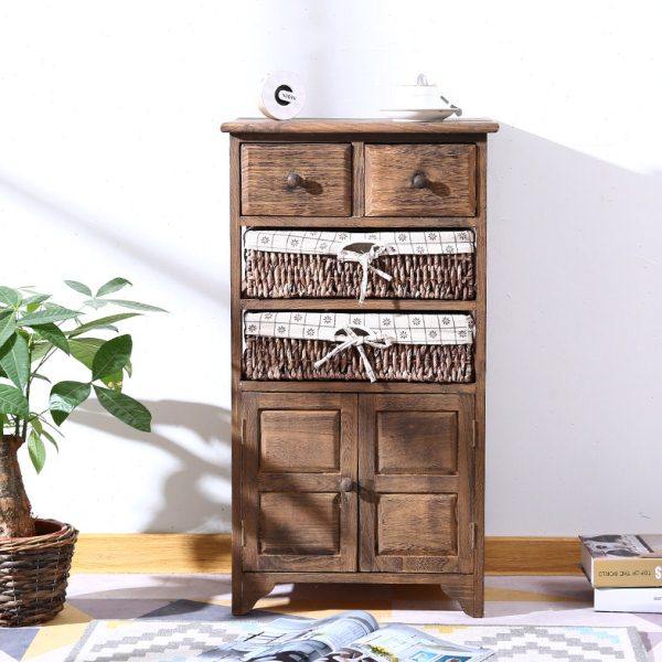 复古斗柜床头柜收纳柜子整装多抽实木储物柜卧室藤编框床边柜