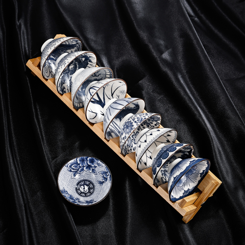 青花斗笠杯功夫茶杯10个装送杯架小F茶碗茶盏杯品茗杯单杯茶具单