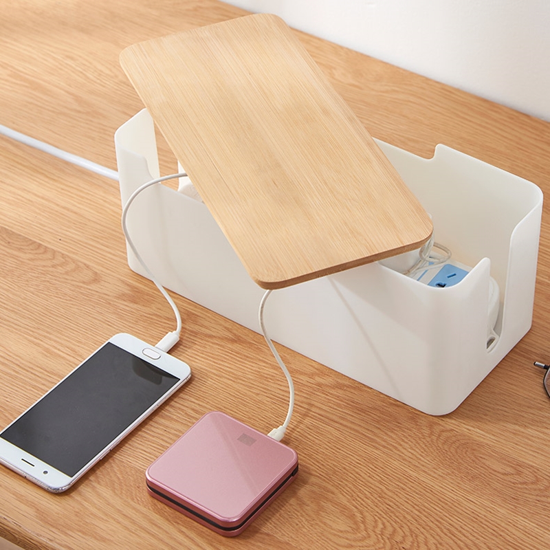 电线收纳盒插线板充电器插座排插理线神器桌面R整理集线盒竹木盖