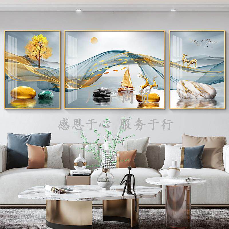 福CYWOKRZM聚财客厅挂壁画北鹿欧简约三联画大气墙画沙背发景墙装