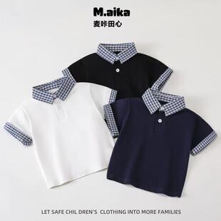 中小童拼接格子翻领纯棉上衣帅气 男童夏季 851儿童短袖 POLO衫
