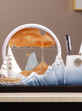 现代简约创意一j帆风顺流沙画船笔筒摆件办公室书房装饰品乔迁礼