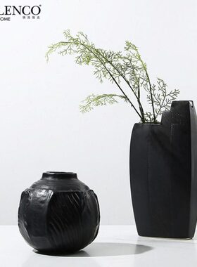 新中式简约黑色素烧陶瓷花样板间家居摆件玄关客厅插花装饰花器