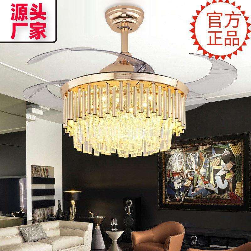 美式水晶风扇灯吊扇灯隐形客厅餐厅卧室一体家用轻奢风扇led吊灯