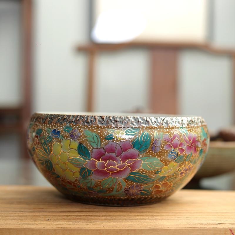 老潮彩万花堆金手绘茶洗 堆料描金粉彩五彩陶瓷茶具满花仿建水