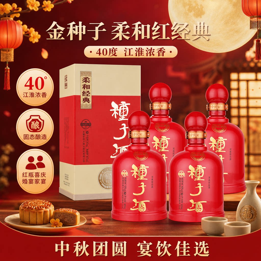 金种子柔和红经典浓香型白酒40度460ml*4瓶整箱节日礼盒宴请自饮