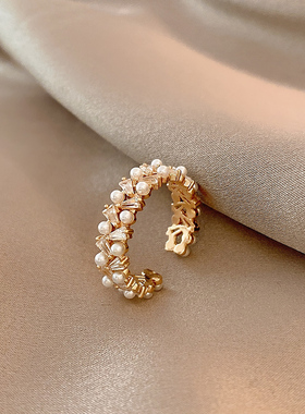 双排珍珠锆石戒指2021年新款潮时尚百搭精致网红开口Y可调节指环