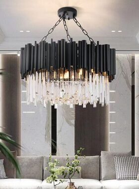 现代简约黑色水晶客厅吊灯北欧风卧室房间不锈钢轻奢圆形餐厅灯具