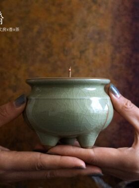 鬲式炉 开片冰裂纹三足香炉线香炉塔香炉龙泉青瓷耀州窑香炉纸间