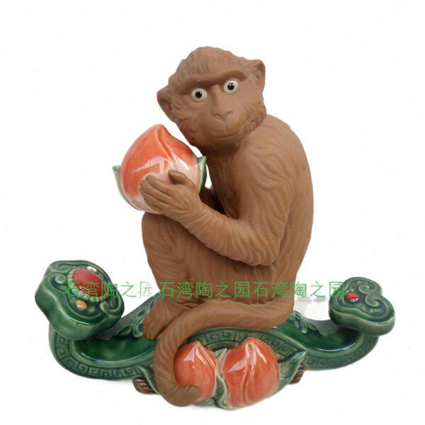 新款动物桌面石湾公仔陶瓷十二生肖如意猴子家居装饰摆件福寿双全