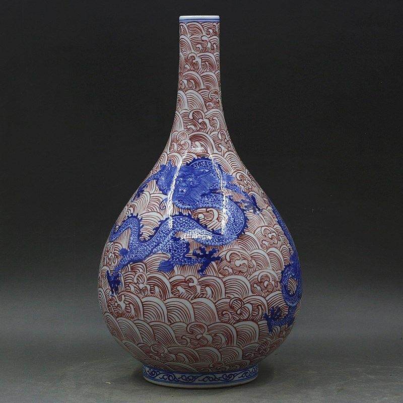 大清乾隆手绘青花釉里红青龙纹胆瓶中式摆件文玩古董仿古瓷器收藏