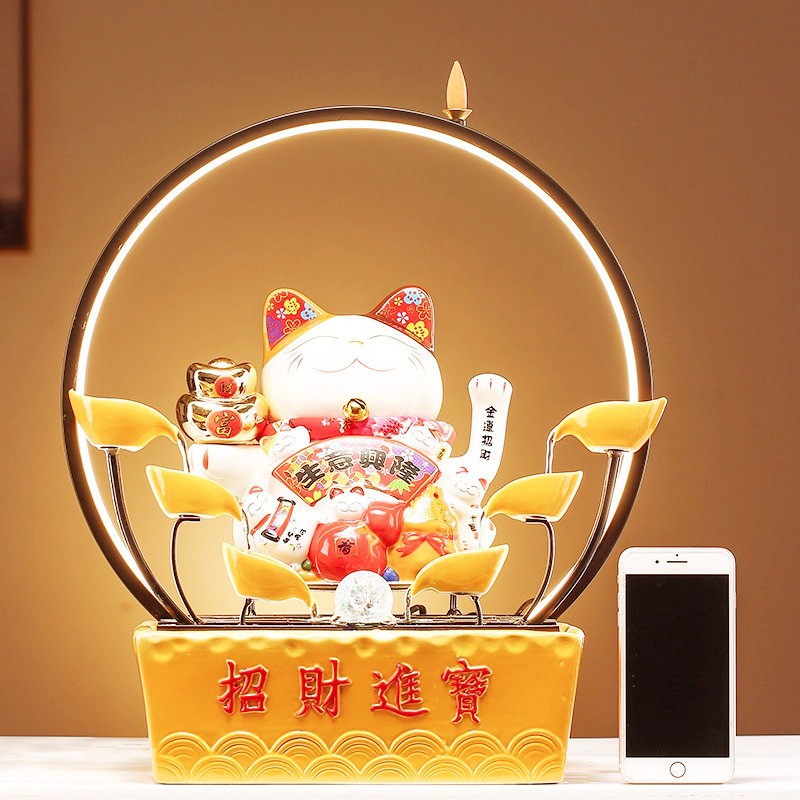 猫摇手流水生财摆件陶瓷家居前台开业礼装饰插电动发光幸运猫