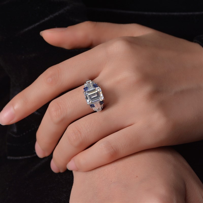诗佩s925银4克拉人造蓝宝石长方8*10戒指高碳钻欧美爆款轻奢指环