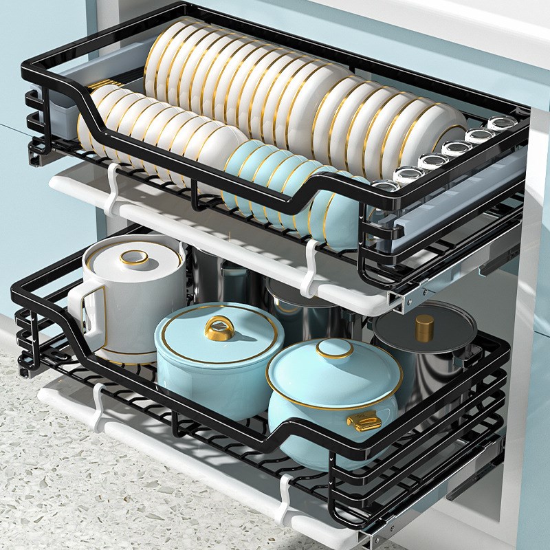 304不锈钢拉篮厨房橱柜双层厨柜内放碗盘拉蓝碗架抽屉式碗碟碗篮