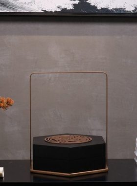 新中式创意铁艺金属木装饰盒提篮摆件样板间酒店会所艺术软装饰品