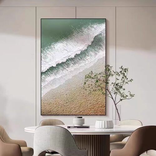 奶油风手绘油画海浪客厅沙发背后装饰画立体肌理玄关挂画走廊壁画