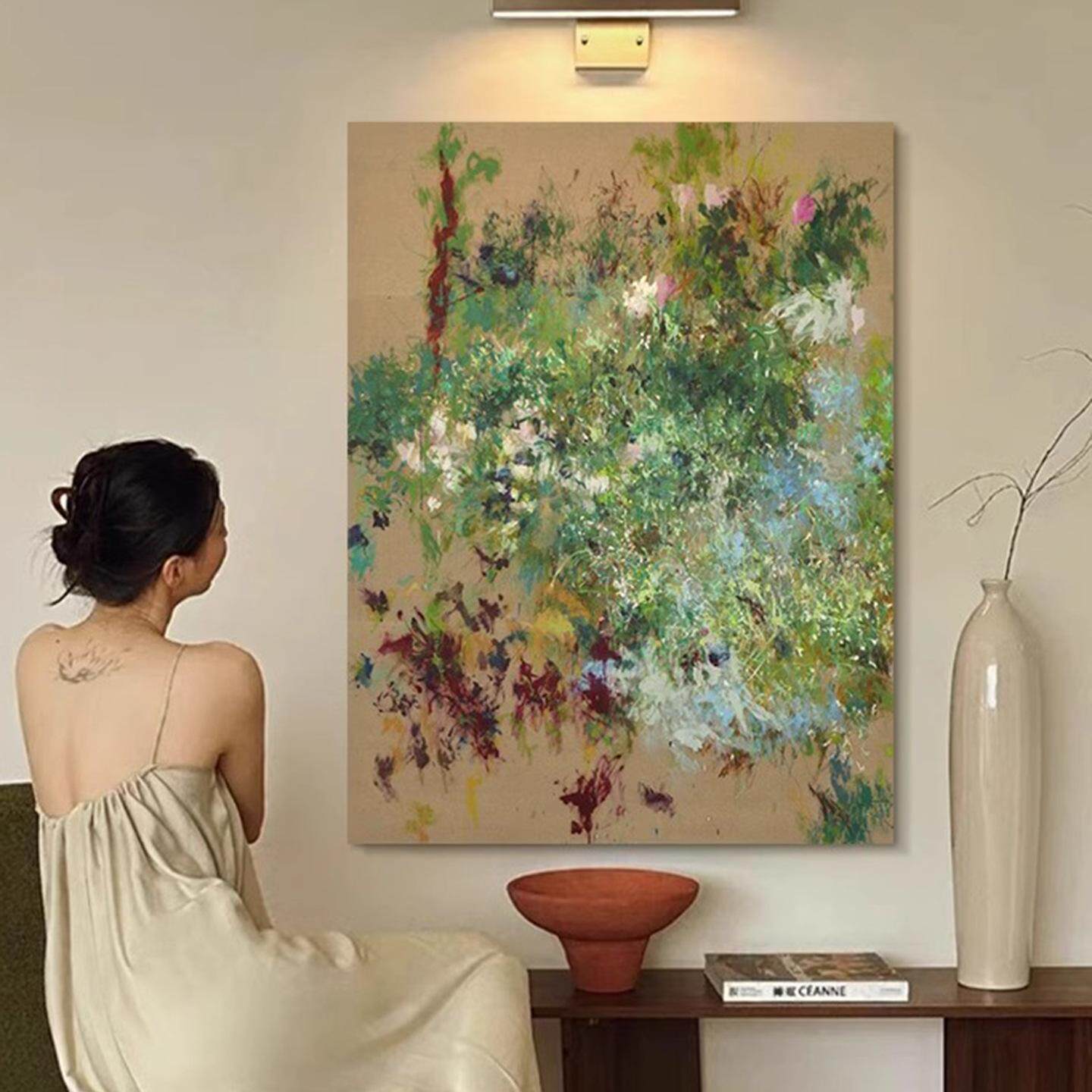 南洋复古风装饰画客厅手绘油画绿色系抽象挂画中古沙发背景墙餐厅