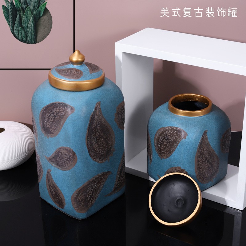 美式复古风格古典式糖果盒树脂花纹储物罐工艺品装饰摆件橱窗摆设