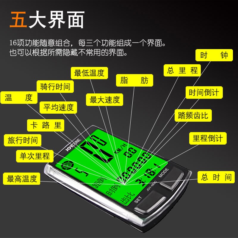自行车测速表菜单自由组合长亮背光双电池自动唤醒无线抗干扰码表