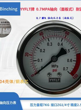滨清  耐震压力表 YN60Z轴向压力表 不锈钢压力表 0～0.7PMA量程