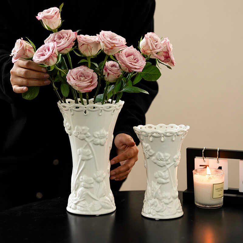 Lenox法式浮雕镂空奶油色陶瓷大口花H瓶摆件水培鲜花干花客厅装饰