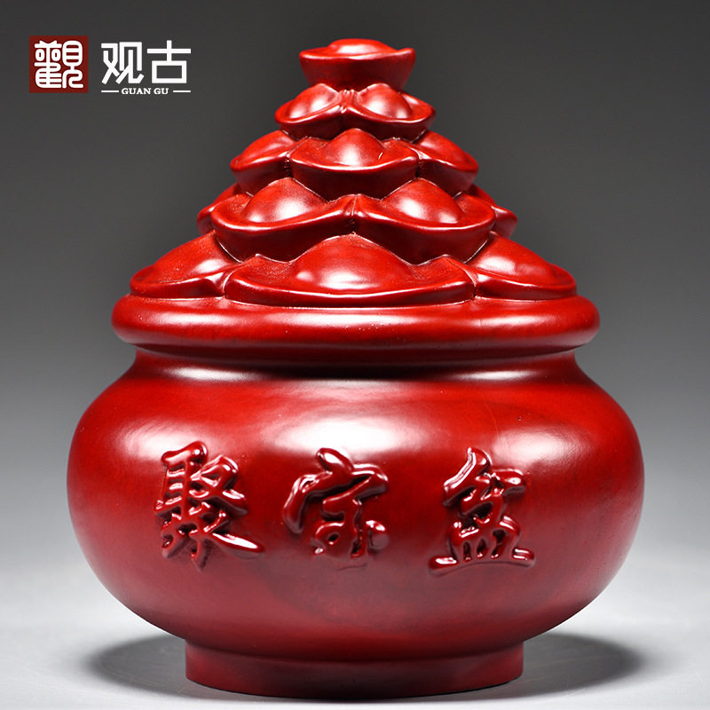 红色木雕刻聚宝盆摆件家居客厅聚宝盆公司店铺开业送礼红木工艺品