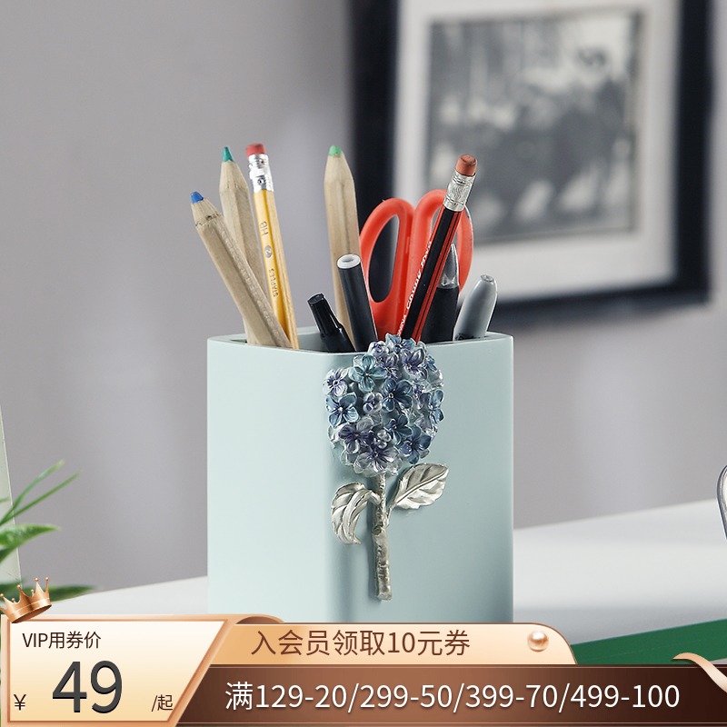欧式创意精致笔筒商务笔桶办公室书桌面J树脂装饰性实用收纳盒摆