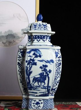 新古典家居中式 高档别墅云中青花将军罐陶瓷摆件 玄关博古架大号