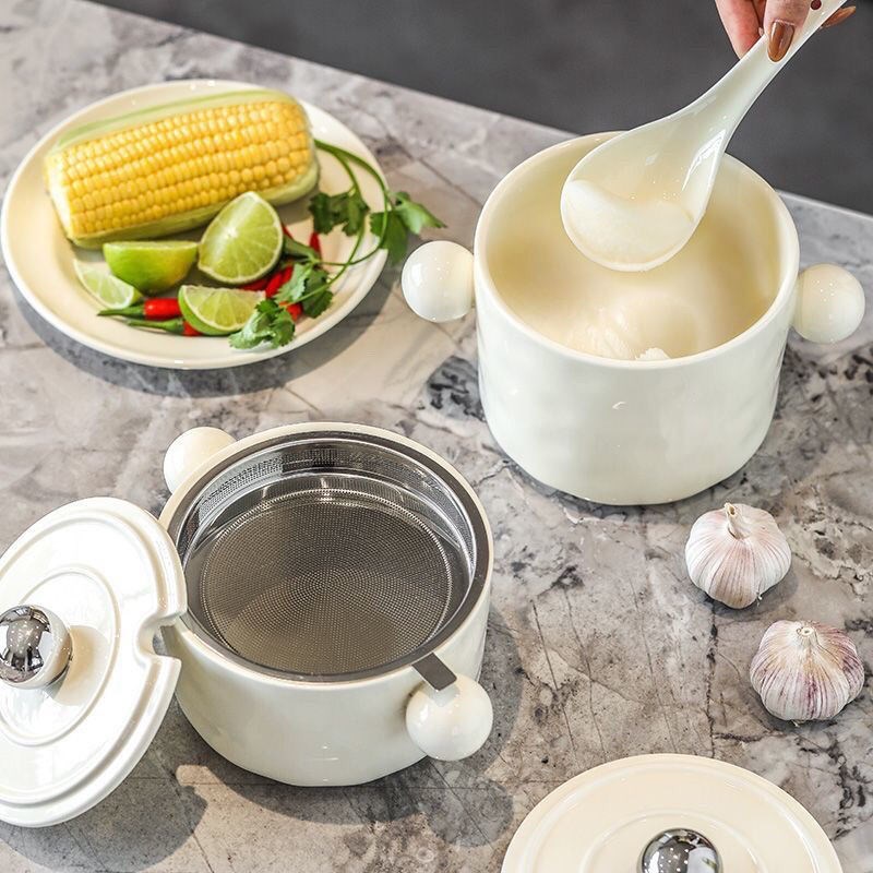 猪油罐家用耐高温陶瓷带盖过滤网储油罐厨房装油瓶油渣滤油壶防烫