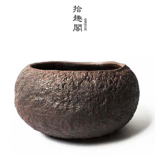 纯手工粗陶花盆复古陶瓷花器茶席摆件水盂水培土培多肉铜钱草怀旧