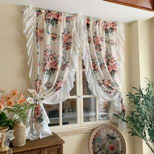 法式复古美式大花窗帘布透光不透人免打孔安装半遮光飘窗隔断花布