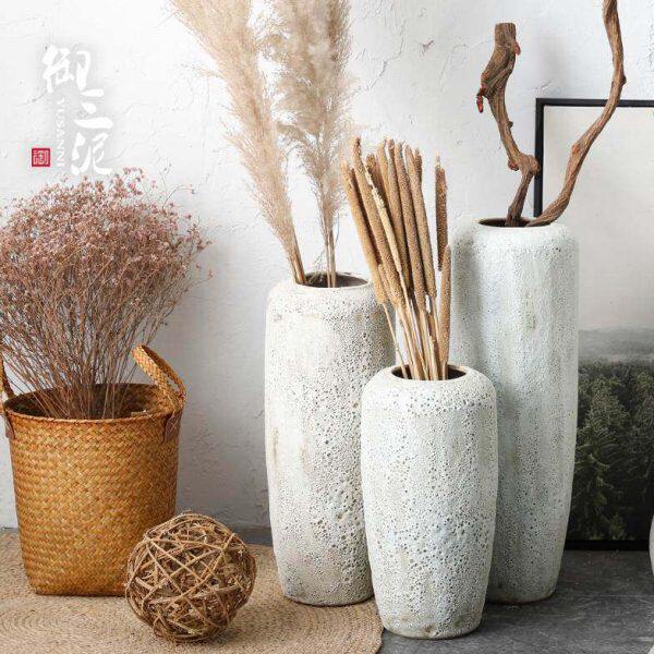 干花客厅插花装饰现代简约白色家居花瓶北欧摆件复古侘寂风粗陶罐