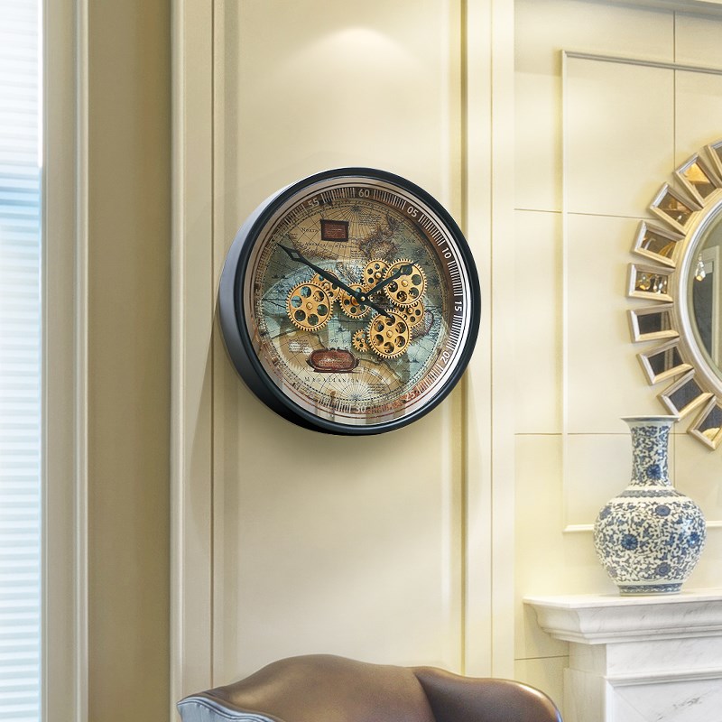 77N复古感钟表中古风客厅装饰挂钟圆形齿轮艺术挂墙时钟2024