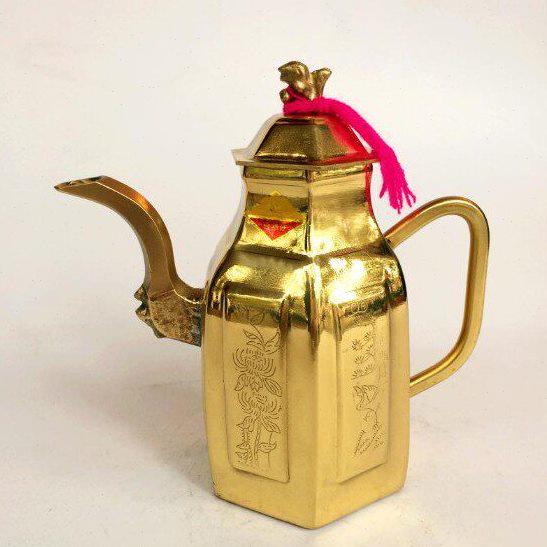 六角纯铜茶壶酒壶铜器摆件铜酒具酒壶摆件可自用供奉财神观音倒酒