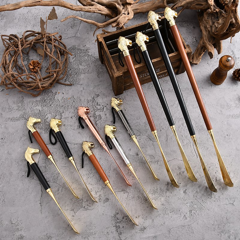 ll实木狮头鞋拔子马头提鞋器短柄穿鞋鞋扒长柄家用轻奢金属孕