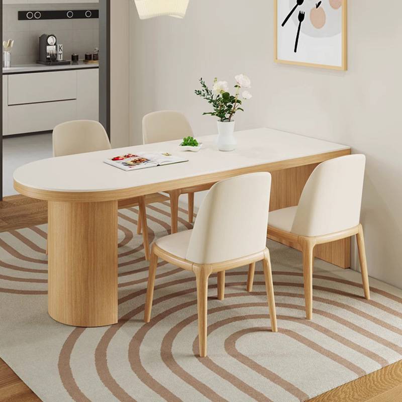 原木奶油风岩板餐桌家用小户型现代简约北欧餐厅新款半圆靠墙饭桌