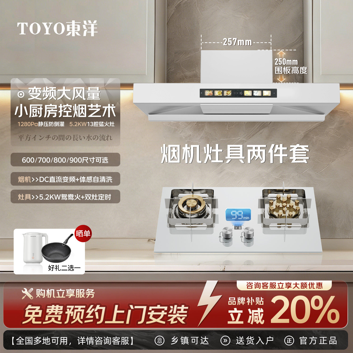 TOYO東洋(日本)抽油烟机白色小型顶吸油烟机厨房烟灶两件套
