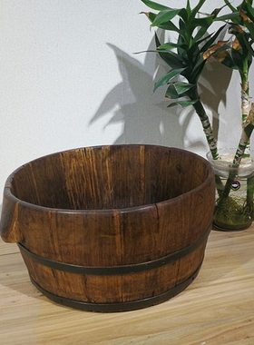 纯手工制作古式木盆 铁提木盆 纯实木足浴盆 水盆 古典摆件
