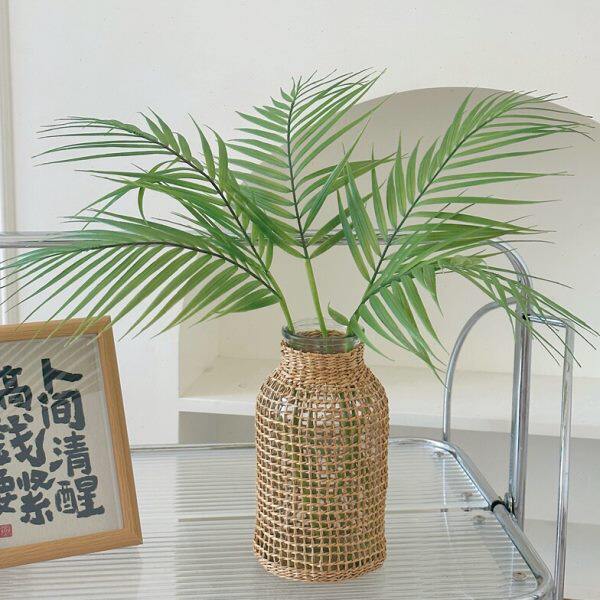 日式草编玻璃花瓶配散尾葵文艺家居室内绿植鲜花插花装饰摆件客厅