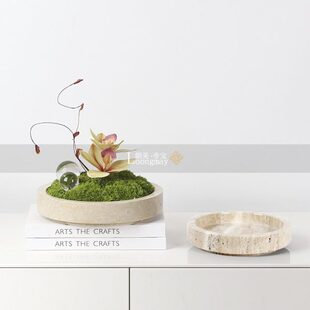 新中式圆形黄色大理石苔藓花盆软装样板房绿植客厅茶几洽谈桌摆件