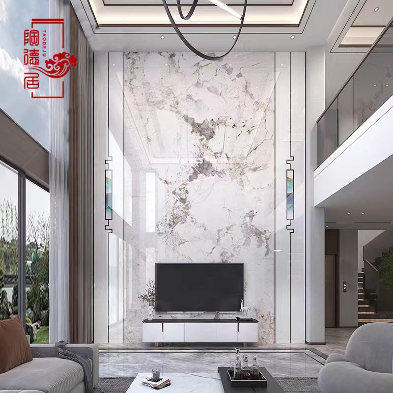 轻奢奢石岩板潘多拉背景墙客厅复式楼背景墙别墅影视墙自建房挑空