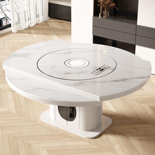 伸缩岩板餐桌80CM转盘折叠饭桌椅组合家用带电磁炉暖菜转盘奶油风,住宅家具,岩板餐桌,淘宝优惠券,粉丝福利购,淘宝优惠卷