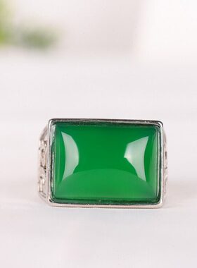 冰种玛瑙绿玉髓925银镶嵌戒指绿色活口可调节简约情侣玉扳指男女