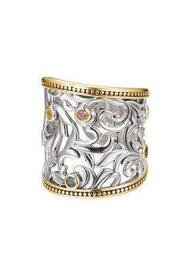 s925银彩宝唐草纹宽面戒指男女款雕花镂空夸张大气活口食指环饰品