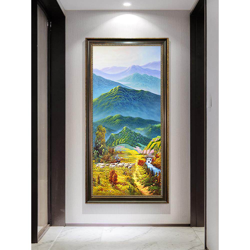 手绘油画入户玄关装饰画竖版美式山水风景挂画走廊过道壁画巨人山
