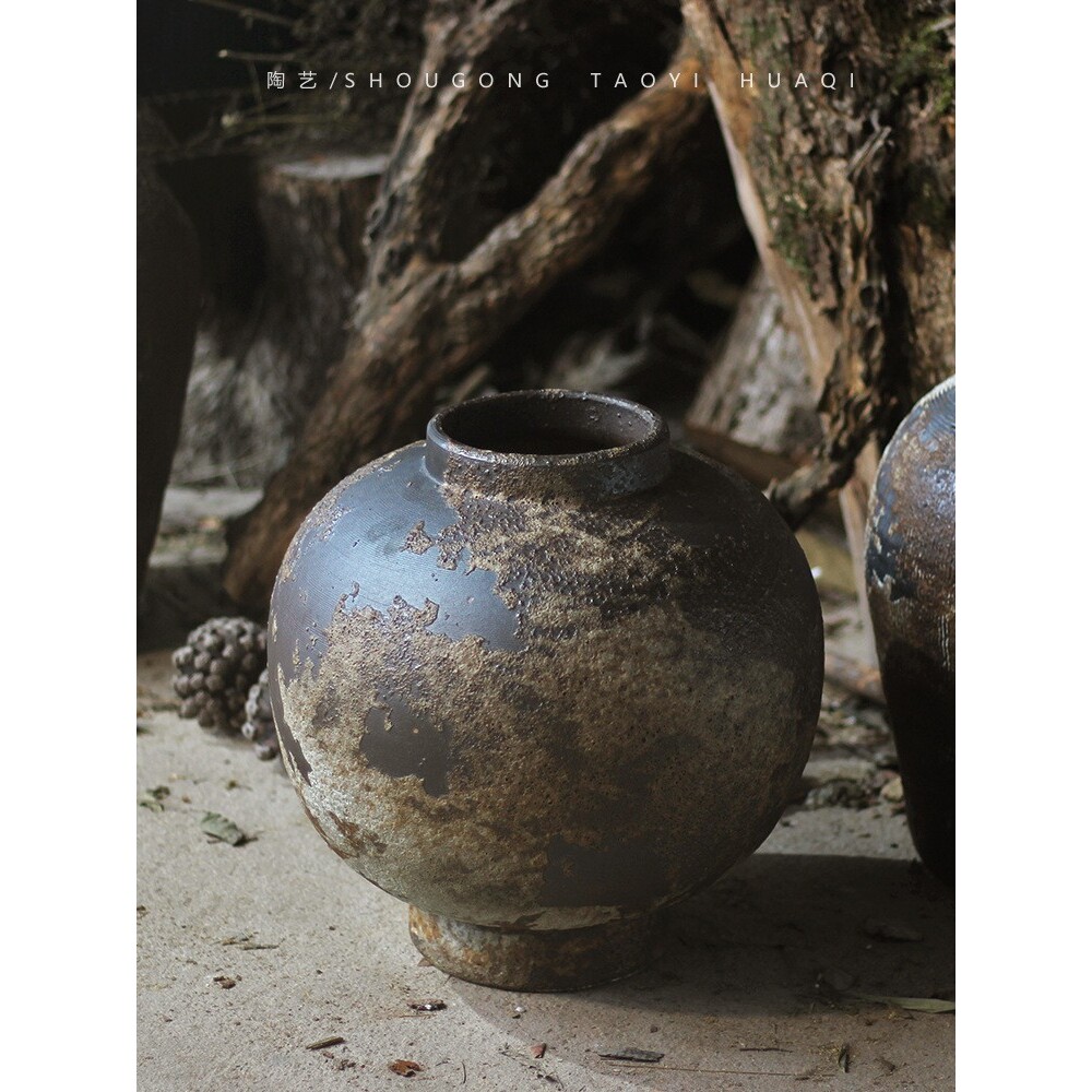 侘寂风复古粗陶花瓶客厅玄关桌面水培插花器大肚圆形陶罐中式摆件