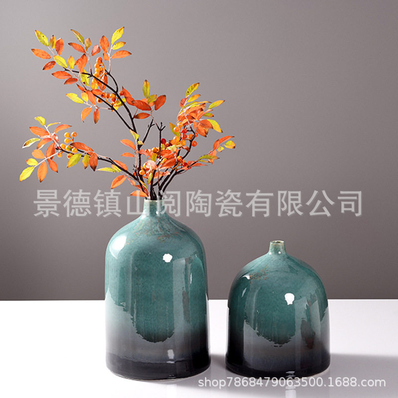 新中式样板间桌面摆花花瓶翡翠绿釉花樽插花器陶瓷饰品摆设